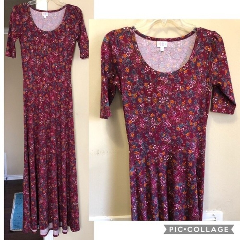 LulaRoe Burgundy Floral Ana Maxi Dress in Women's Size XS (2-4)